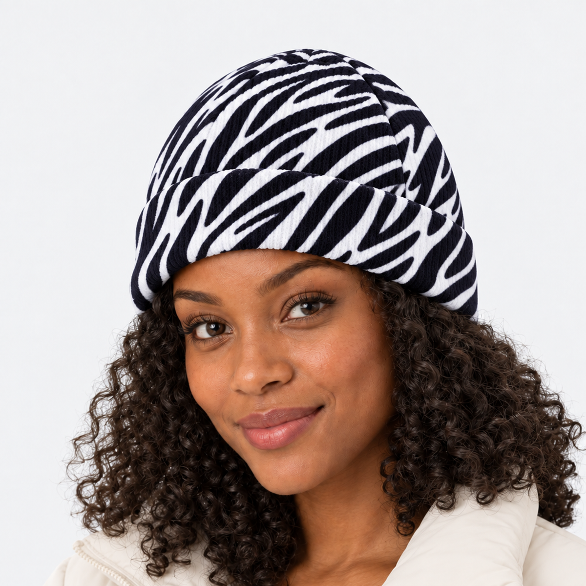 The Summit Knit | Fleece-Lined Winter Beanie - Black White - Model