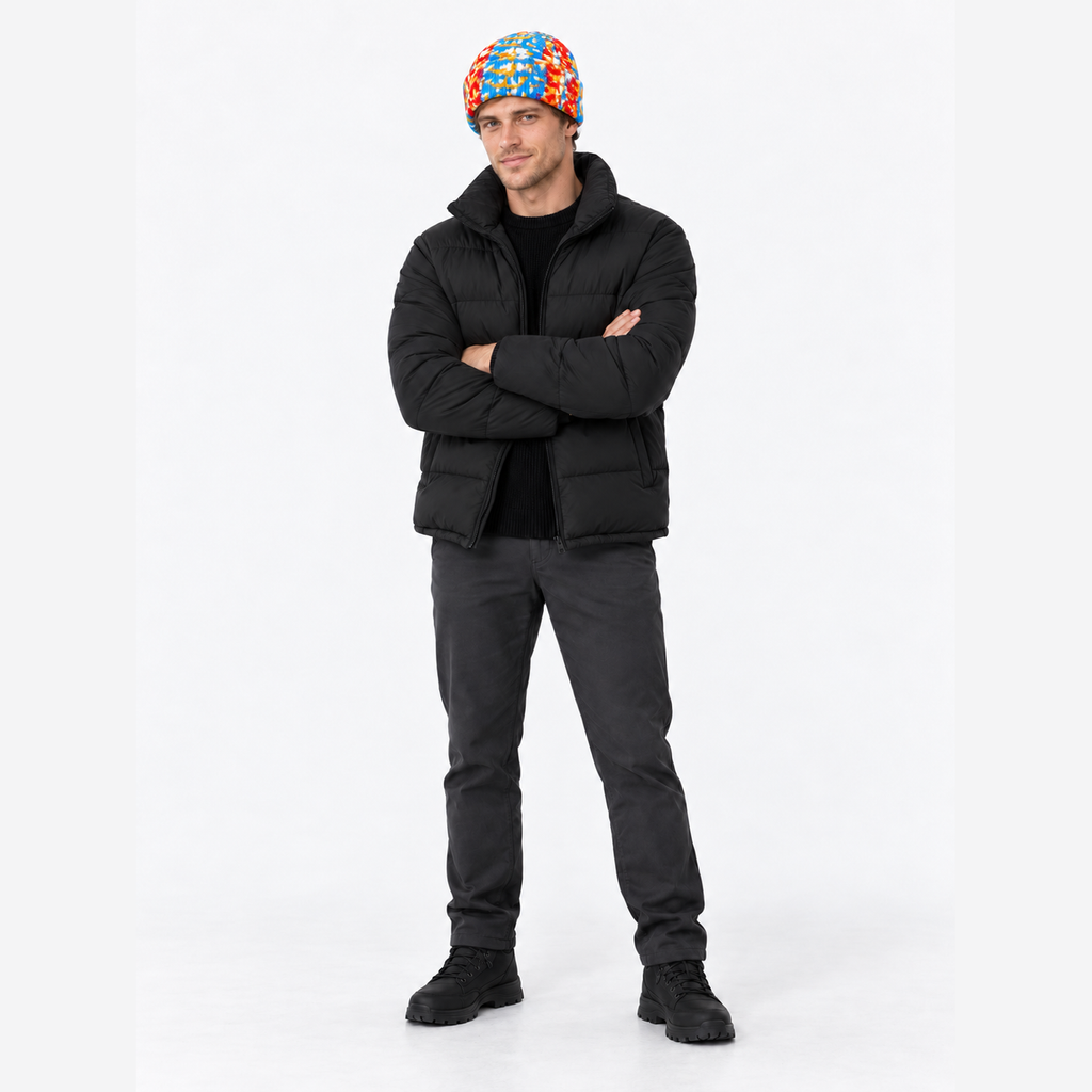The Summit Knit | Fleece-Lined Winter Beanie - Red Blue - Model
