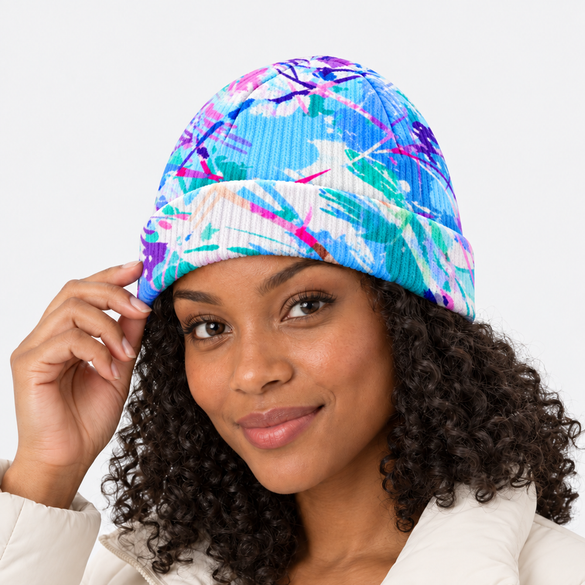 The Summit Knit | Fleece-Lined Winter Beanie - Light Blue - Model