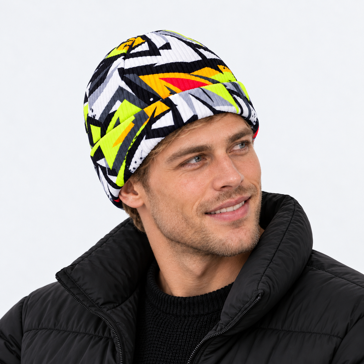 The Summit Knit | Fleece-Lined Winter Beanie - Black and White Yellow - Model