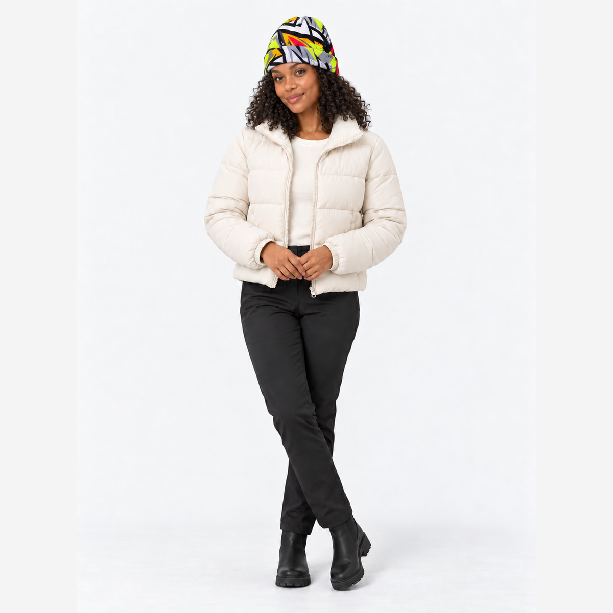 The Summit Knit | Fleece-Lined Winter Beanie - Black and White Yellow - Model