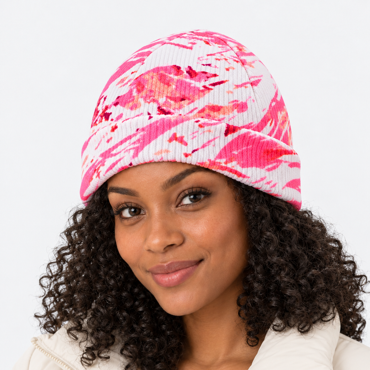 The Summit Knit | Fleece-Lined Winter Beanie - Pink - Model