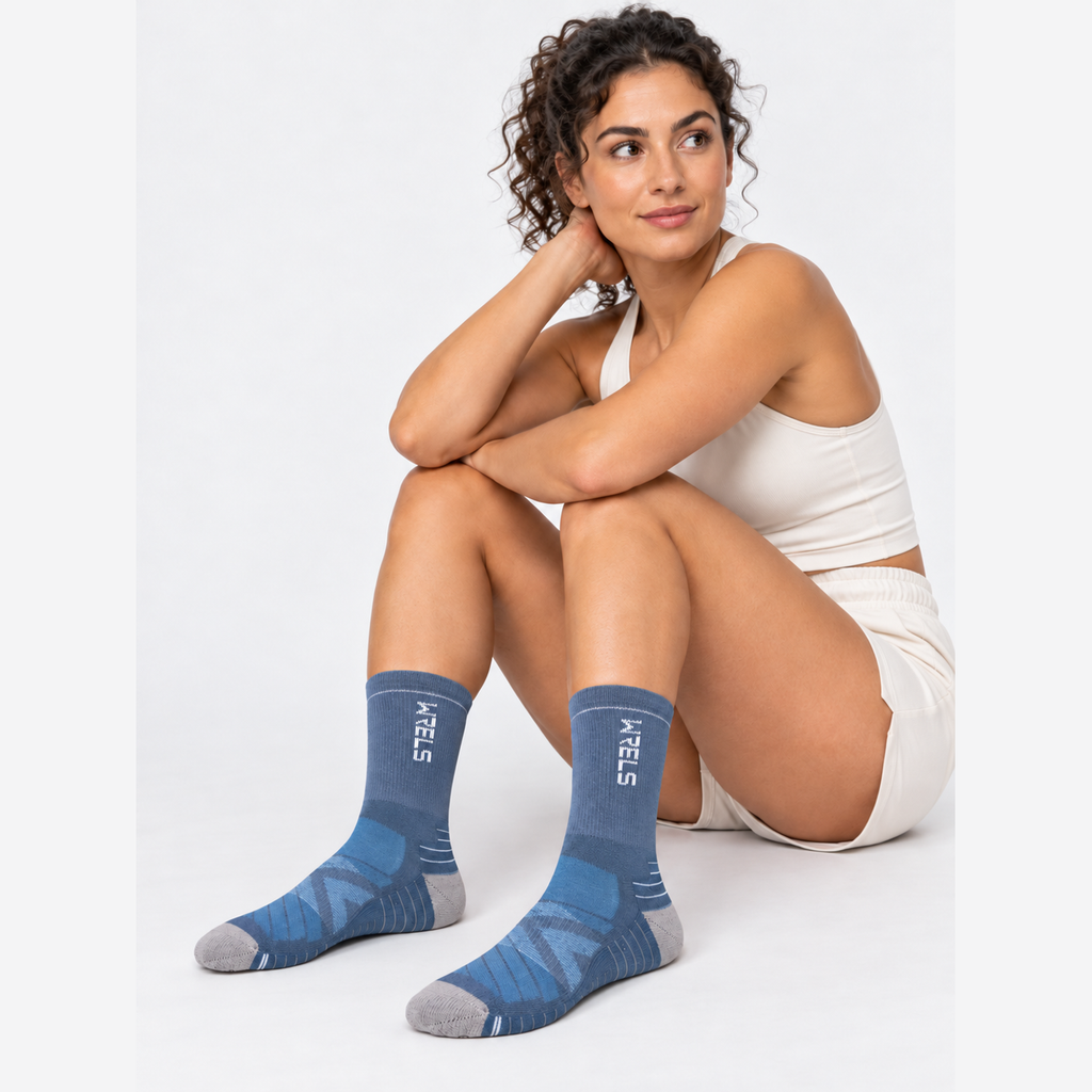 The Ridge Trek | Cushioned Merino Wool Hiking Socks - Blue - Model