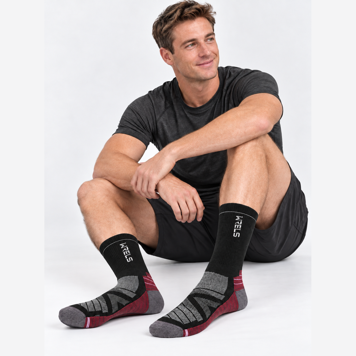 The Ridge Trek | Cushioned Merino Wool Hiking Socks - Black Red - Model