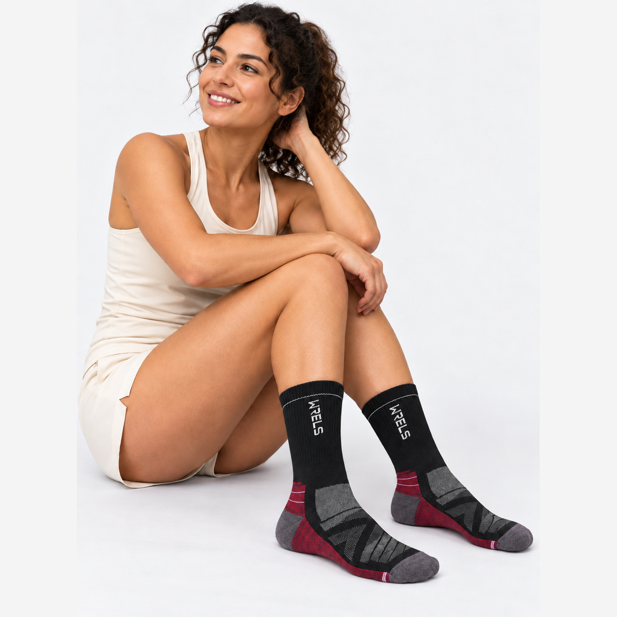 The Ridge Trek | Cushioned Merino Wool Hiking Socks - Black Red - Model