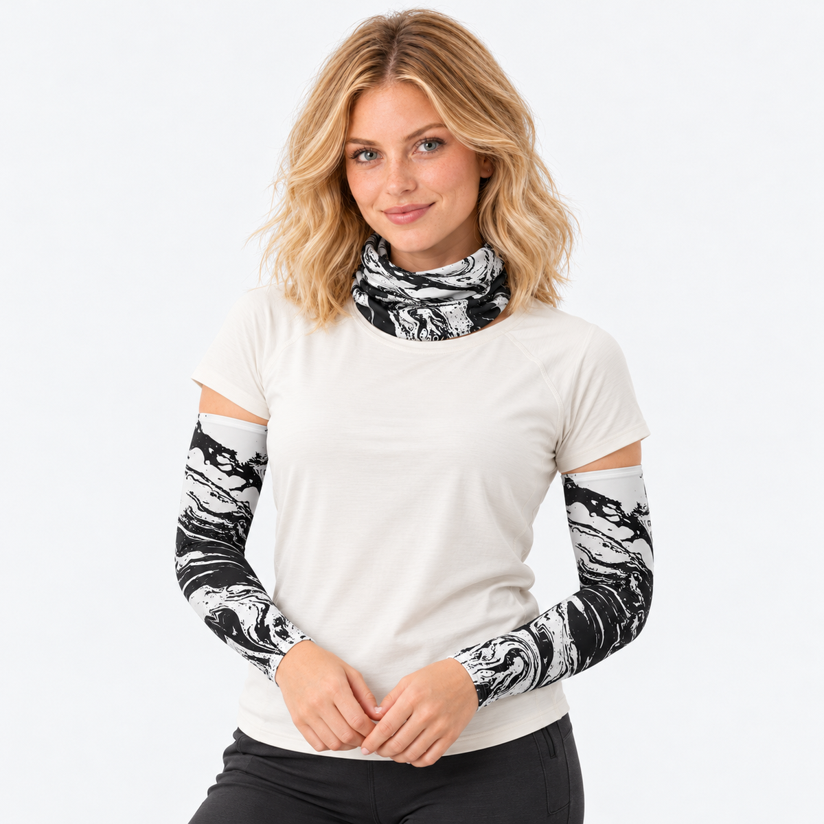 The Sunbound Set | Ice Silk Neck Gaiter & Arm Sleeves - Current - Female model wearing matching neck gaiter and arm sleeves