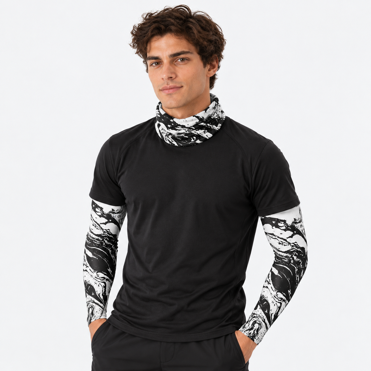 The Sunbound Set | Ice Silk Neck Gaiter & Arm Sleeves - Current - Male model wearing matching neck gaiter and arm sleeves