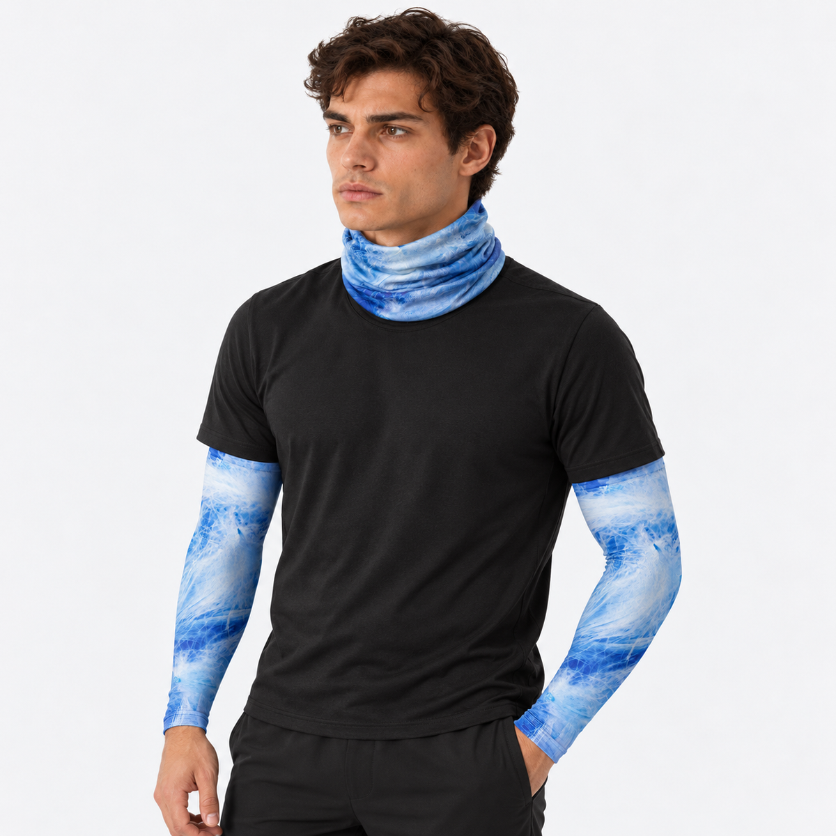 The Sunbound Set | Ice Silk Neck Gaiter & Arm Sleeves - Drift - Male model wearing matching neck gaiter and arm sleeves