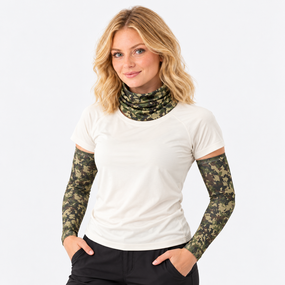 The Sunbound Set | Ice Silk Neck Gaiter & Arm Sleeves - Ghost - Female model wearing matching neck gaiter and arm sleeves