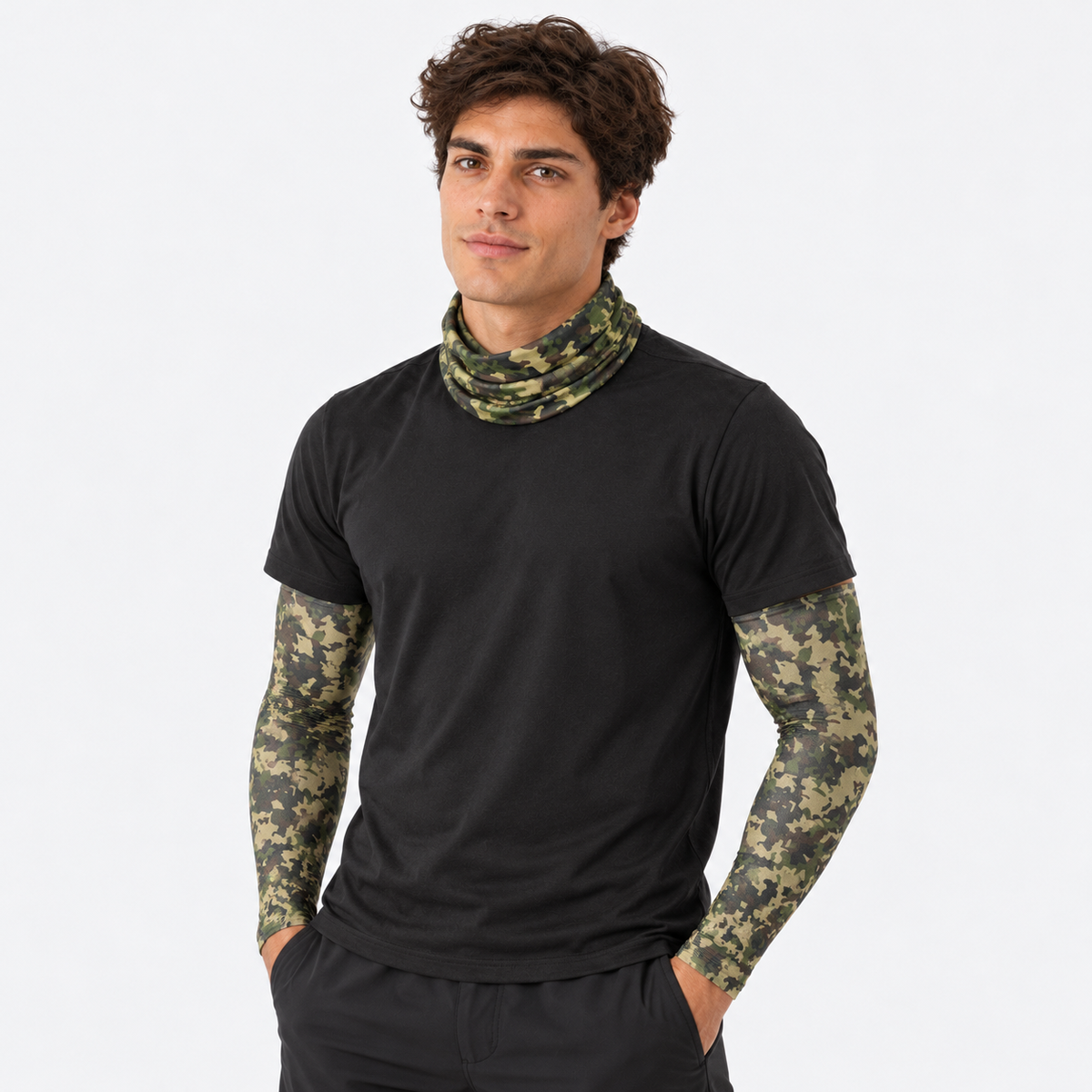 The Sunbound Set | Ice Silk Neck Gaiter & Arm Sleeves - Ghost - Male model wearing matching neck gaiter and arm sleeves