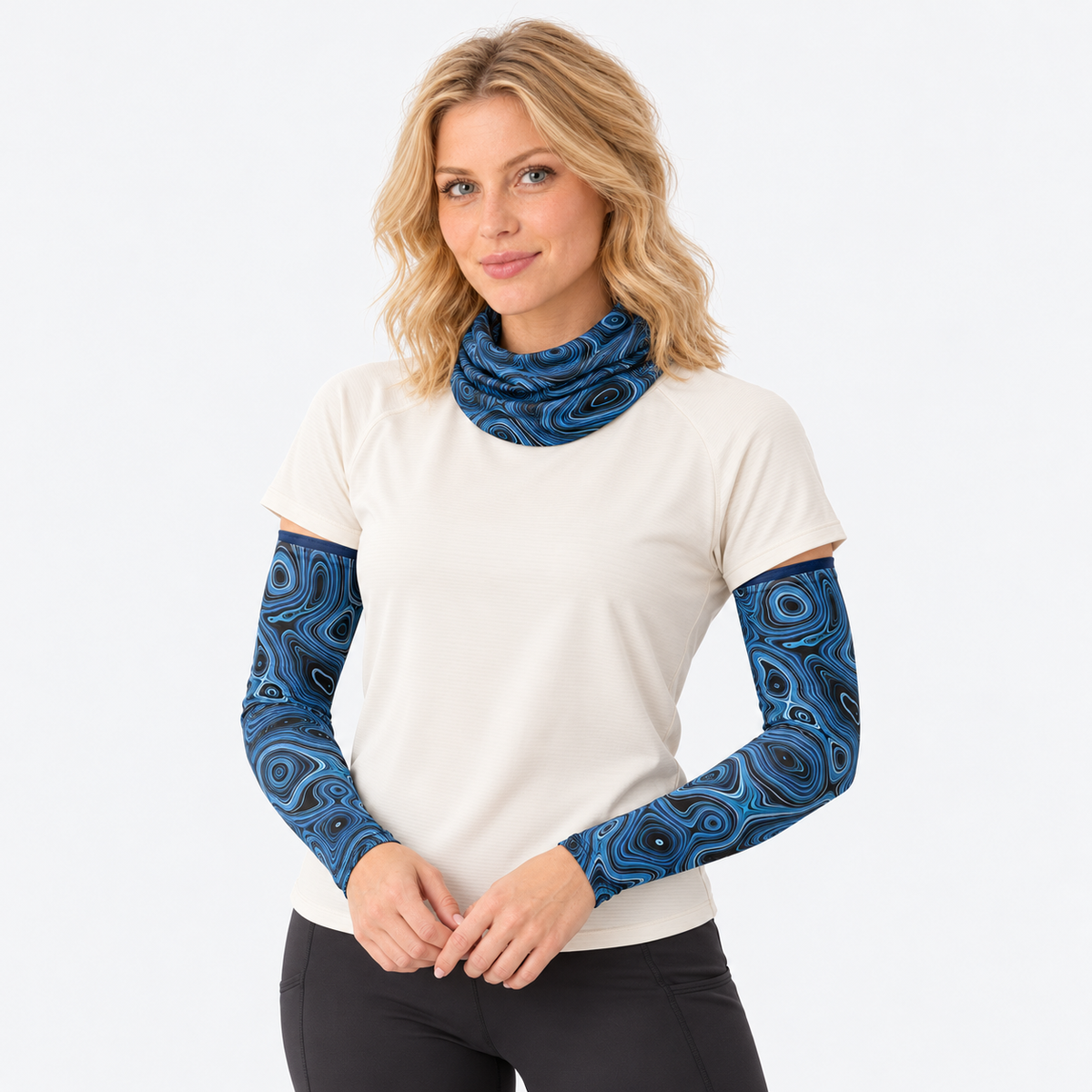 The Sunbound Set | Ice Silk Neck Gaiter & Arm Sleeves - Horizon - Female model wearing matching neck gaiter and arm sleeves