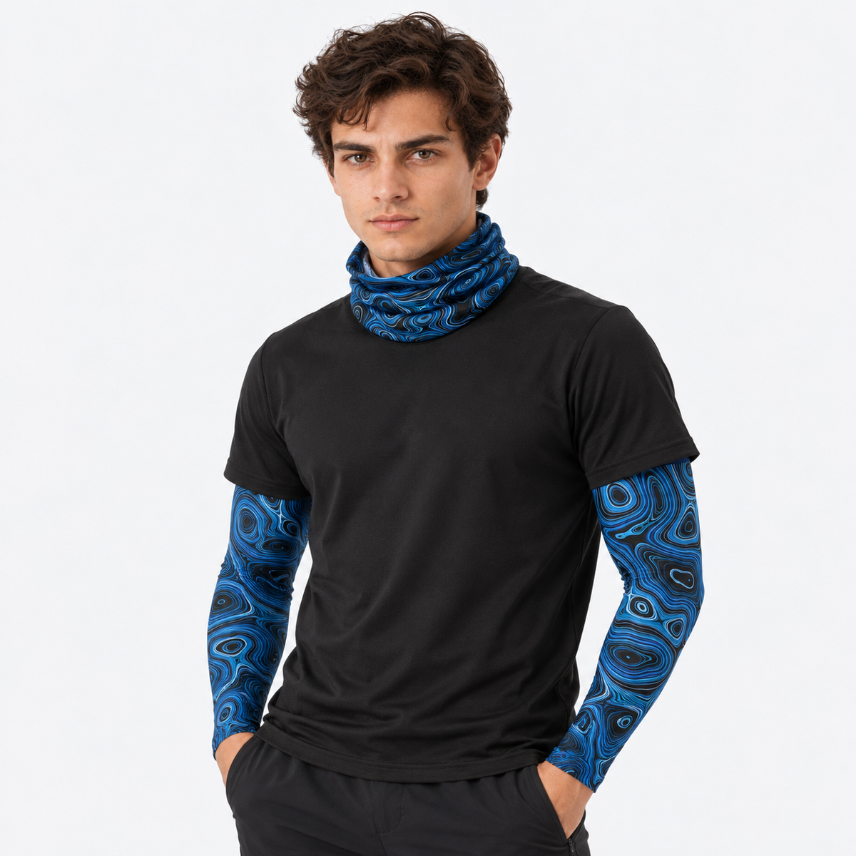 The Sunbound Set | Ice Silk Neck Gaiter & Arm Sleeves - Horizon - Male model wearing matching neck gaiter and arm sleeves
