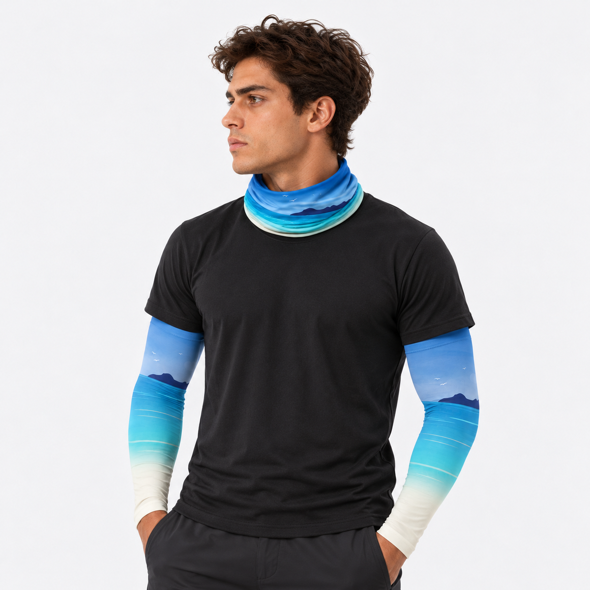 The Sunbound Set | Ice Silk Neck Gaiter & Arm Sleeves - Oceanmist - Male model wearing matching neck gaiter and arm sleeves