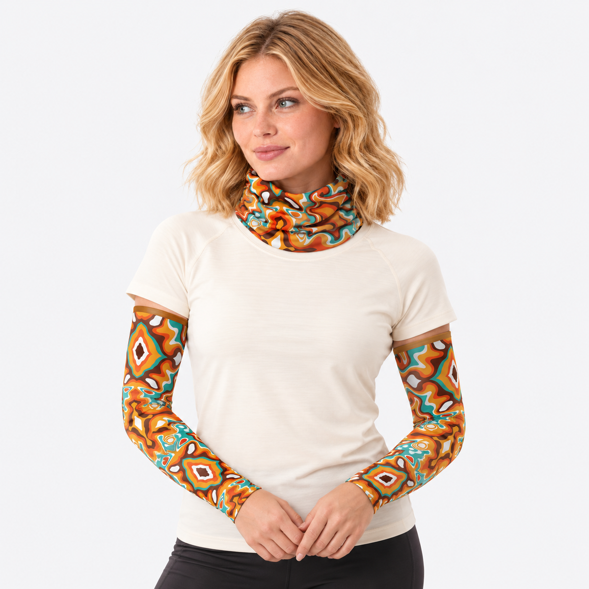 The Sunbound Set | Ice Silk Neck Gaiter & Arm Sleeves - Oracle - Female model wearing matching neck gaiter and arm sleeves