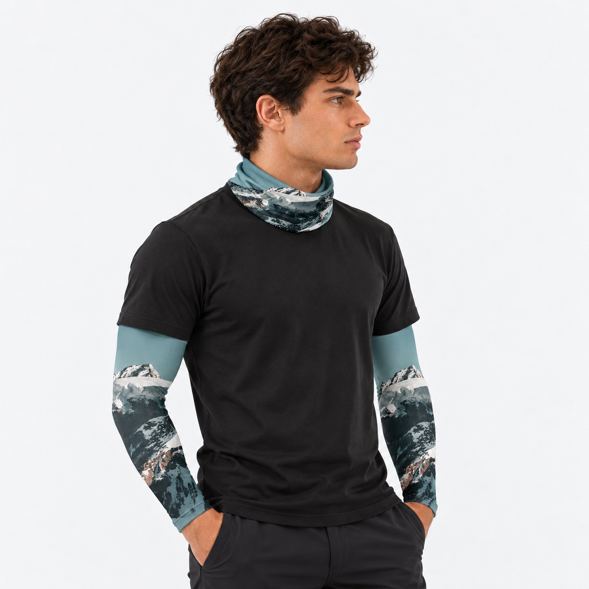 The Sunbound Set | Ice Silk Neck Gaiter & Arm Sleeves - Summit - Male model wearing matching neck gaiter and arm sleeves