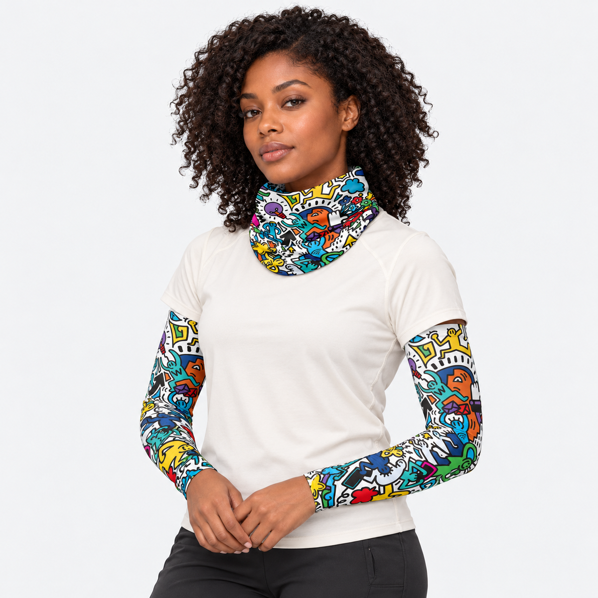 The Sunbound Set | Ice Silk Neck Gaiter & Arm Sleeves - Vivid - Female model wearing matching neck gaiter and arm sleeves