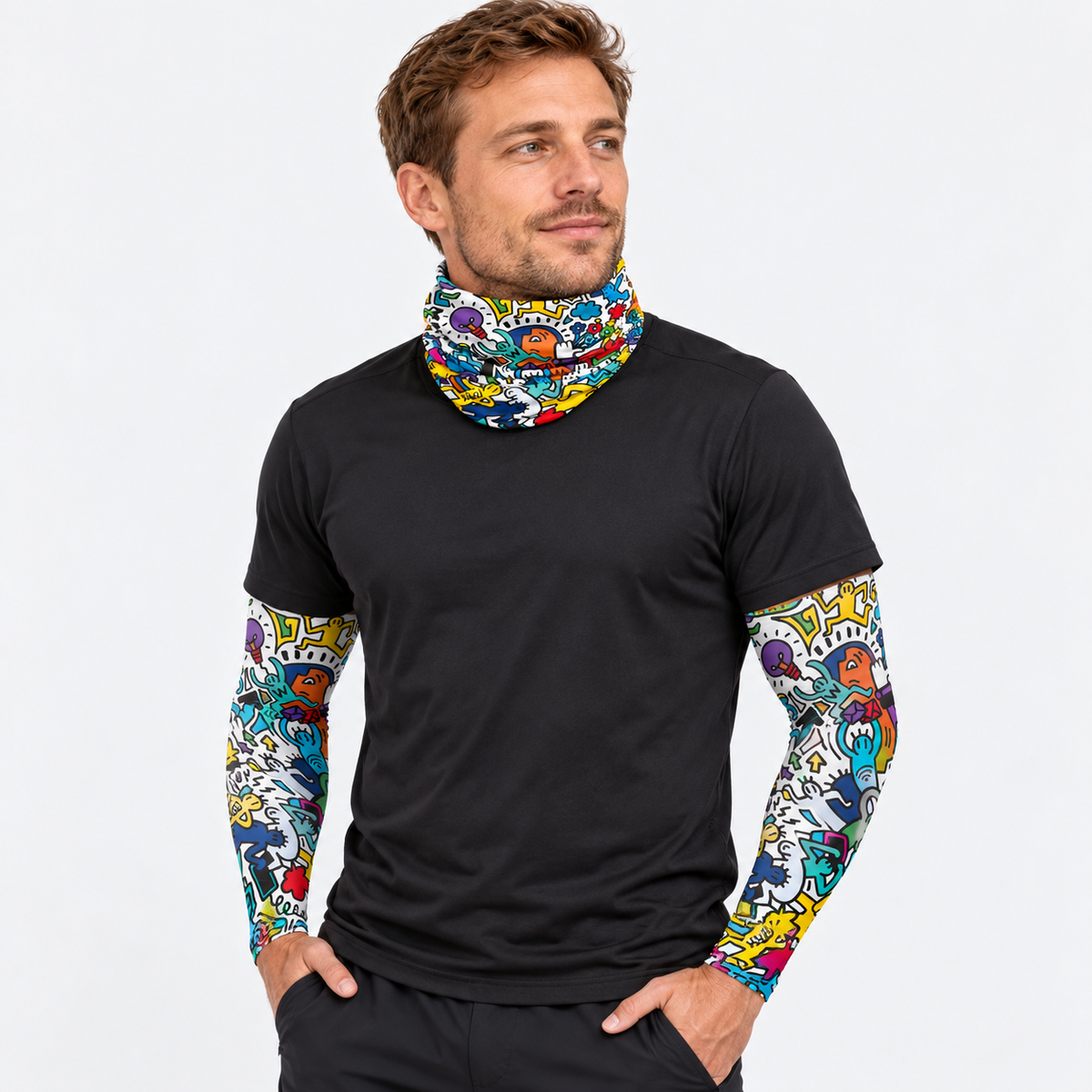 The Sunbound Set | Ice Silk Neck Gaiter & Arm Sleeves - Vivid - Male model wearing matching neck gaiter and arm sleeves